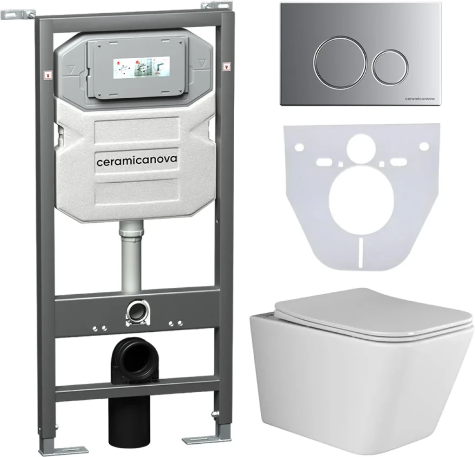 Комплект Унитаз подвесной Ceramicanova Metric CN3007 безободковый, с микролифтом + Инсталляция Envision CN1001M + Кнопка Round, матовый хром