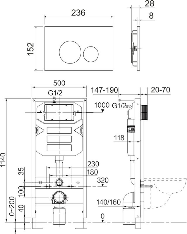 Комплект Унитаз подвесной Ceramicanova Metric CN3007 безободковый, с микролифтом + Инсталляция Envision CN1001M + Кнопка Round, матовый хром