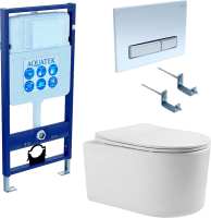 Комплект Унитаз подвесной AQUATEK Мия AQ2004-00 безободковый, с микролифтом + Инсталляция Standard INS-0000012 + Комплект креплений KKI-0000002 + Кнопка KDI-0000022 белый глянец, никель