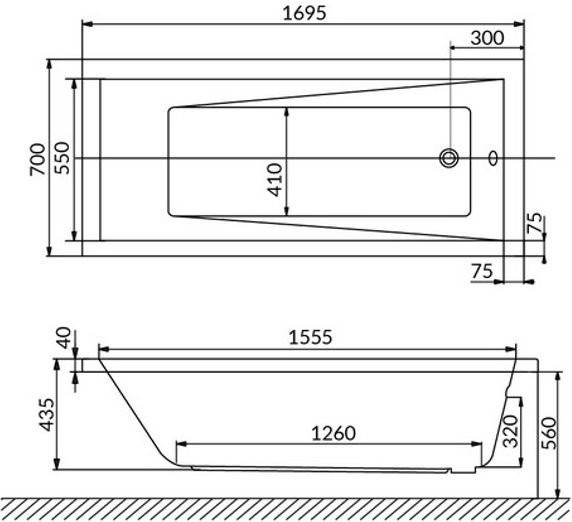 Акриловая ванна WHITECROSS Wave 170x70 см, пристенная, белый глянец, с каркасом