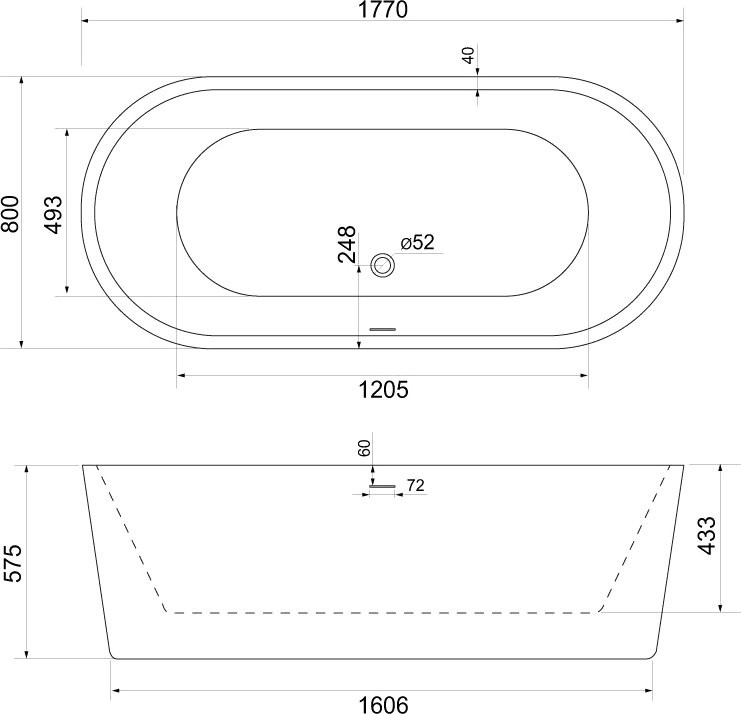 Акриловая ванна BelBagno BB109-177-80 без опоры 175x80 см, отдельностоящая, белая, овальная, со сливом-переливом