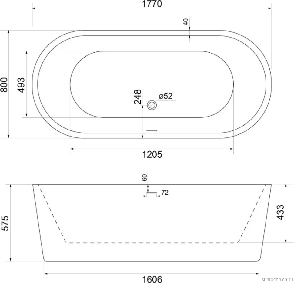 Акриловая ванна BelBagno BB109-177-80 без опоры 175x80 см, отдельностоящая, белая, овальная, со сливом-переливом