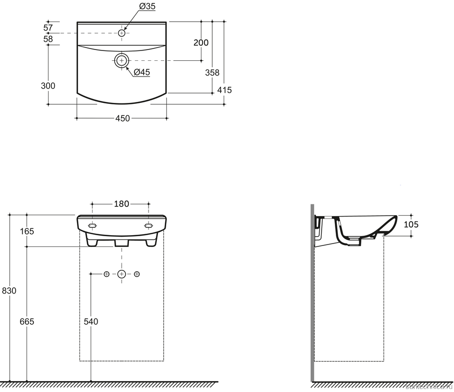 Тумба с раковиной Belux Клермонт Н 45-02 напольная, 2 ящика, белая