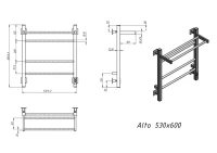 Полотенцесушитель электрический Grota Alto 530х600 RAL9005 EL 60x55 см, подключение справа, слева, скрытое подключение справа, матовый черный, лесенка, из стали, с полкой