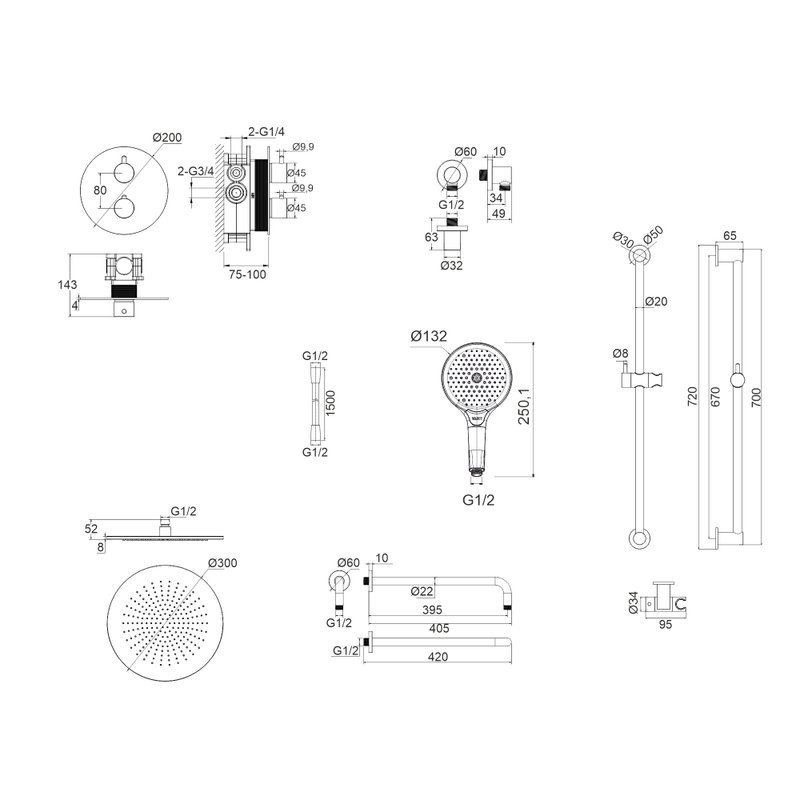 Душевой комплект WHITECROSS Y YSET09TOPBL С ВНУТРЕННЕЙ ЧАСТЬЮ, черный матовый