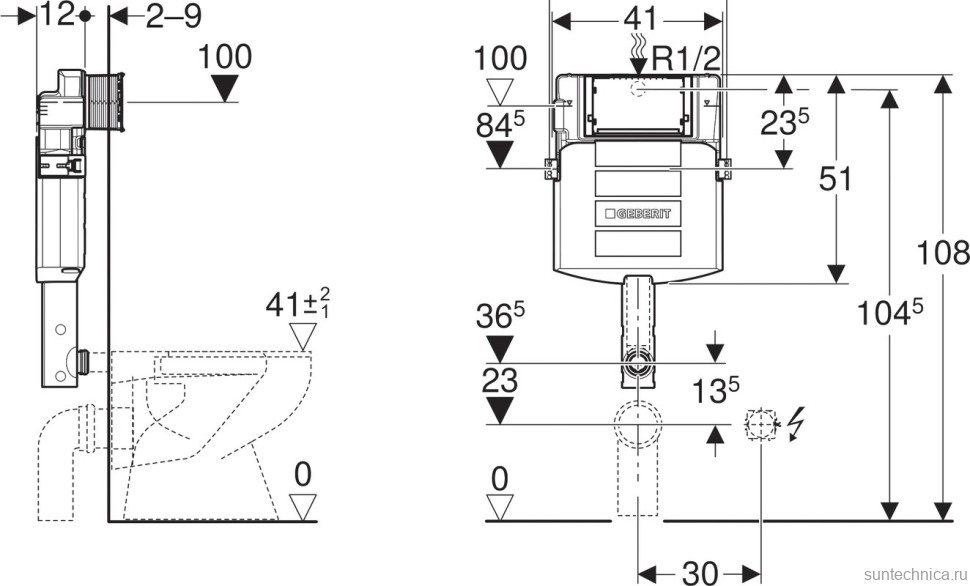 Смывной бачок скрытого монтажа Geberit Sigma 12 с переходником для колена смыва