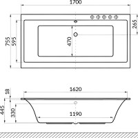 Акриловая ванна Excellent Pryzmat Slim Smart 170x75 см, встраиваемая, с гидромассажем, белая, с каркасом, со сливом-переливом, фурнитура золото