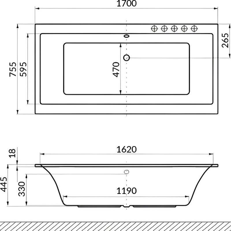 Акриловая ванна Excellent Pryzmat Slim Smart 170x75 см, встраиваемая, с гидромассажем, белая, с каркасом, со сливом-переливом, фурнитура золото