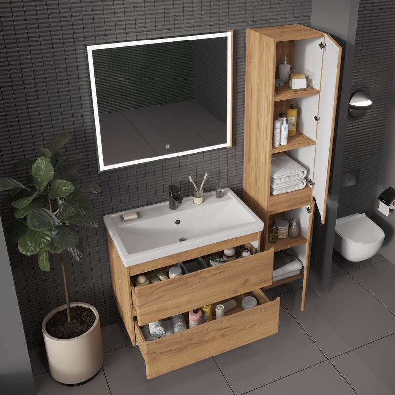 Тумба с раковиной SanStar Riana 80 подвесная, дуб крафт золотой, раковина Фостер 80