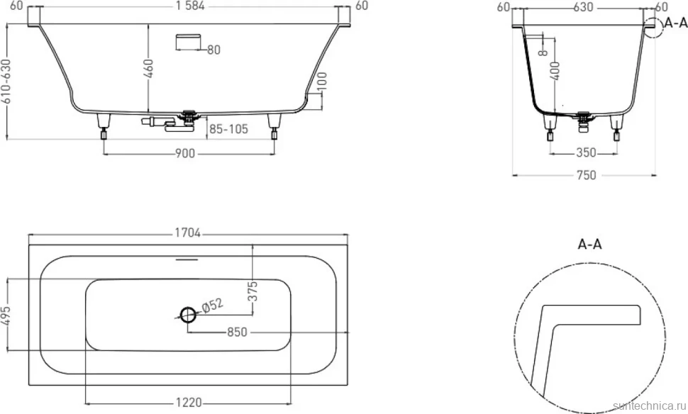 Ванна из искусственного камня Salini Orlanda Axis Kit S-Sense 170x75 см, встраиваемая, белая, на ножках, с донным клапаном