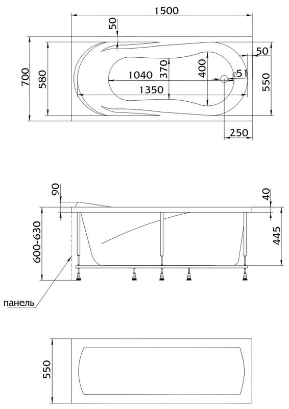 Акриловая ванна 1MarKa Medea Премиум 150x70 см, пристенная, белая, с каркасом, с экраном, со сливом-переливом