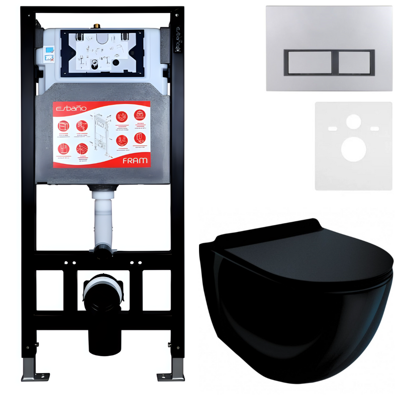 Комплект Унитаз подвесной Esbano Garcia ESUPGARCB черный глянец + Инсталляция Fram + Кнопка ESINPRK12MC