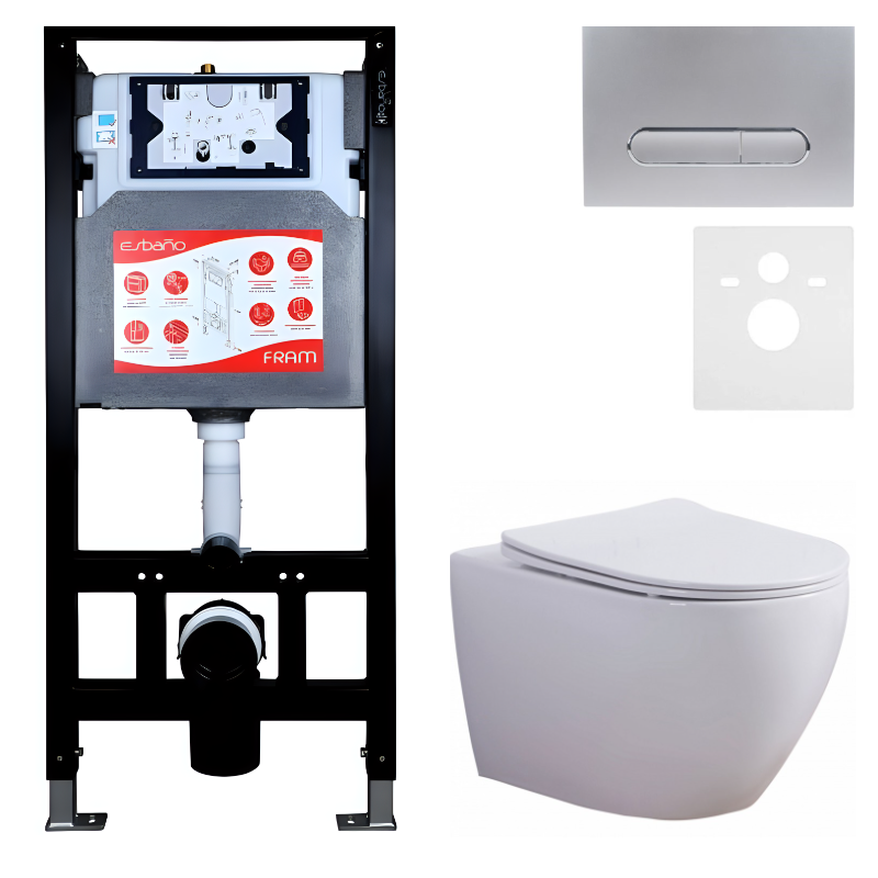 Комплект 3 в 1 Унитаз подвесной Esbano Azalea ESUPAZALW + Инсталляция Fram + Кнопка ESINOVL17MC цвет матовый хром
