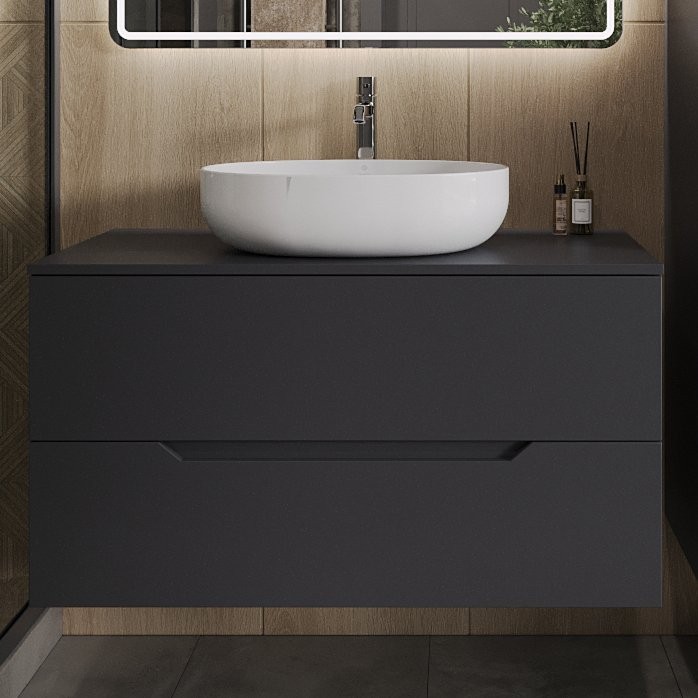 Тумба с раковиной Orange Line 100 подвесная, 2 ящика, матовый графит с раковиной B05-520W