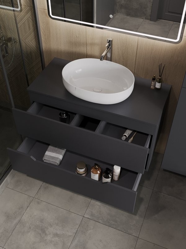 Тумба с раковиной Orange Line 100 подвесная, 2 ящика, матовый графит с раковиной B05-520W