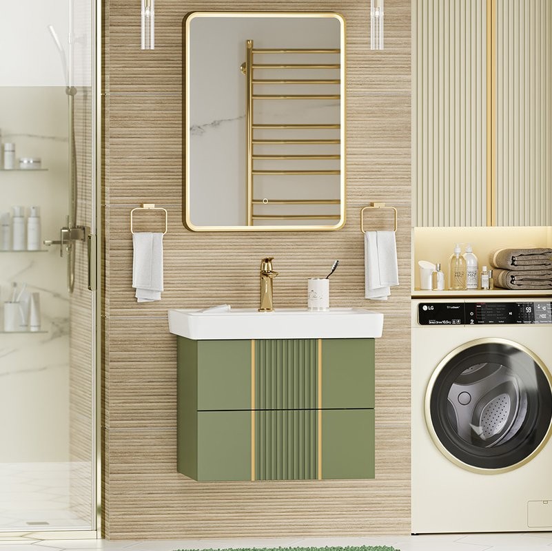 Тумба с раковиной Brevita Vega 70 подвесная, зеленая, золото