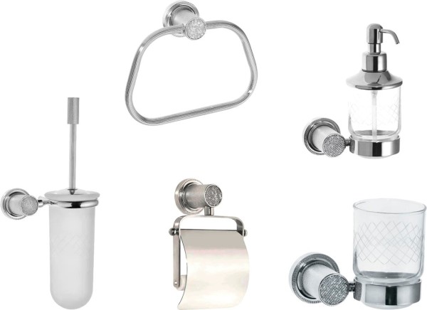 Набор Дозатор Boheme Royal Cristal Chrome подвесной + Стакан Chrome подвесной + Полотенцедержатель Chrome + Ершик Royal Cristal Chrome подвесной + Держатель Chrome с крышкой