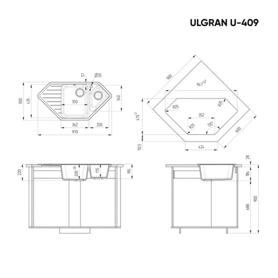Мойка кухонная Ulgran U-409 344 ультра-черная + дозатор U-02 ультра-черный