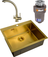Комплект Мойка Zorg Light + Смеситель Steel Hummer SH 699 BRONZE бронза + Измельчитель Bort Titan 5000 Control