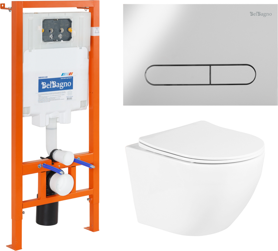Комплект Унитаз подвесной BelBagno Uno BB3105CHR/SC безободковый, с микролифтом, инсталляция BB002-80 с кнопкой BB005-PR-CHROME