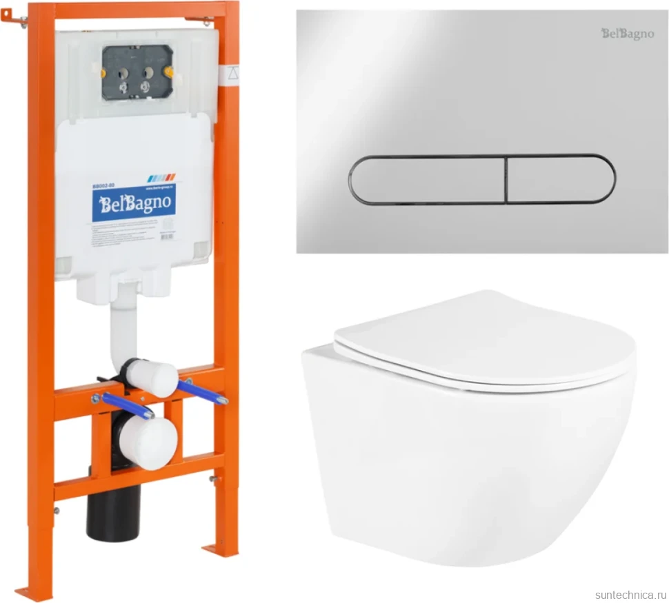 Комплект Унитаз подвесной BelBagno Uno BB3105CHR/SC безободковый, с микролифтом, инсталляция BB002-80 с кнопкой BB005-PR-CHROME