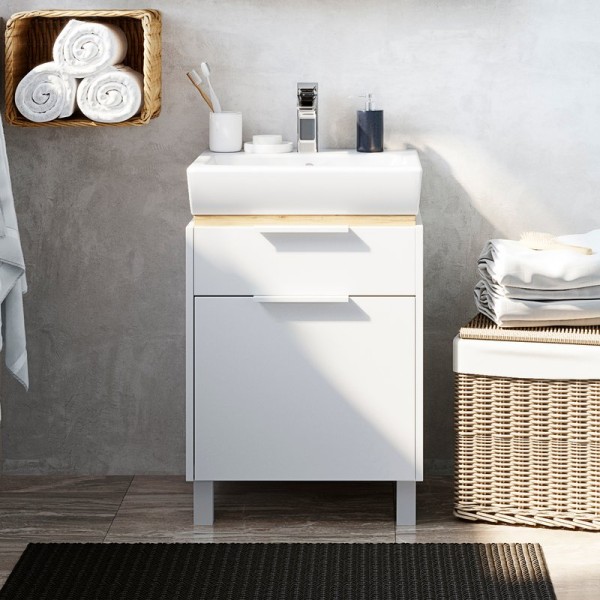 Тумба с раковиной STWORKI Дублин 50 подвесная, с накладной раковиной, узкая, в скандинавском стиле