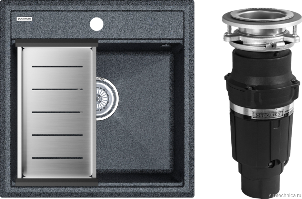 Комплект Мойка Paulmark Stepia PM115051-DG+A375-BS с коландером, графит + Измельчитель Bone Crusher BC 610-AS