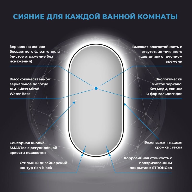 Зеркало Wellsee 7 Rays’ Spectrum 55х100 овальное, с фронтальной подсветкой, черное матовое