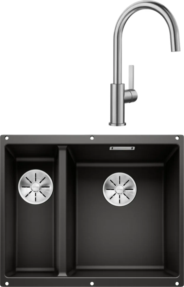 Комплект Мойка Blanco Subline 340/160-U черная, правая + Смеситель Candor 523120