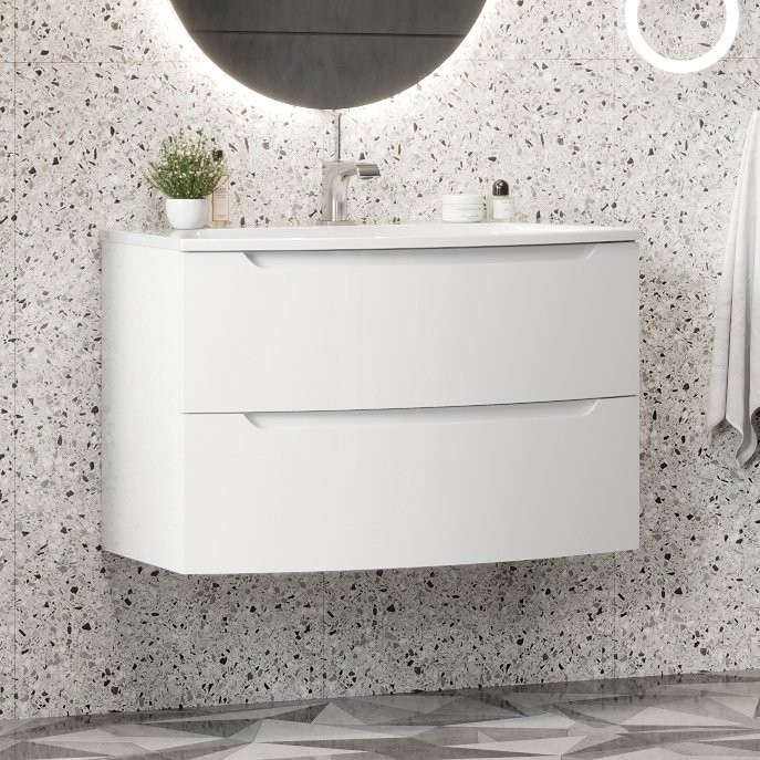 Тумба с раковиной Belux Ганновер 90 подвесная, белая глянцевая, 2 ящика