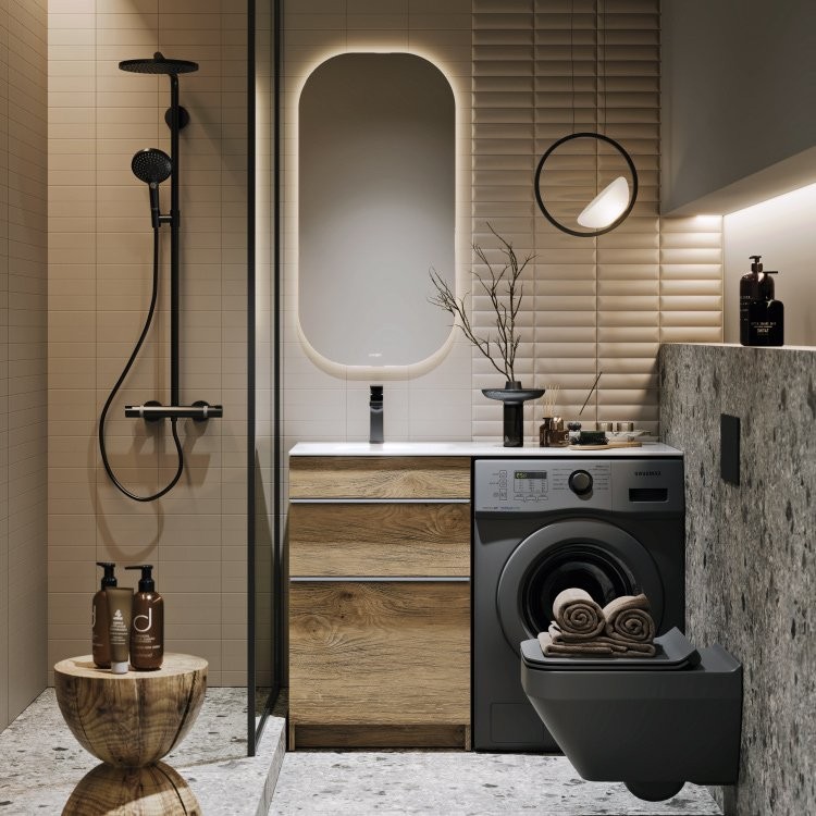 Тумба с раковиной Aqwella Terra 53 L напольная, под стиральную машину, дуб балтийский