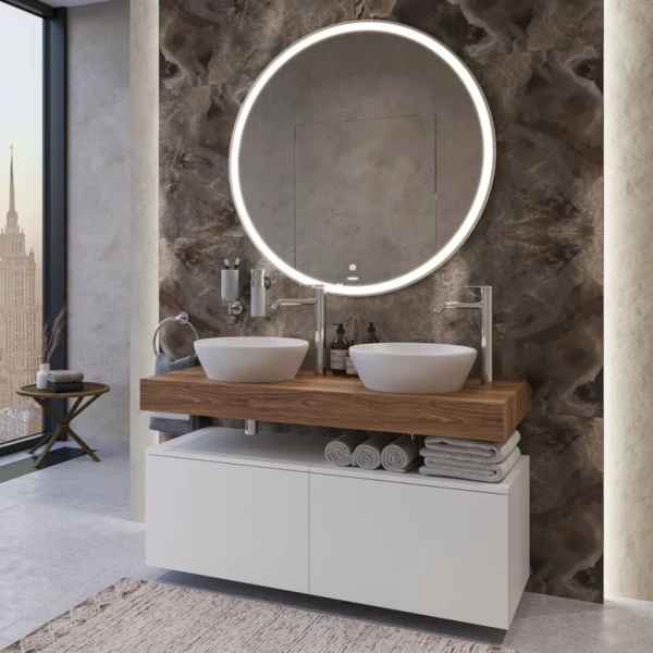 Мебель для ванной с раковиной Duravit D-Neo 40: столешница 120, дуб французский, без отверстий + 2 тумбы 60, + 2 раковины