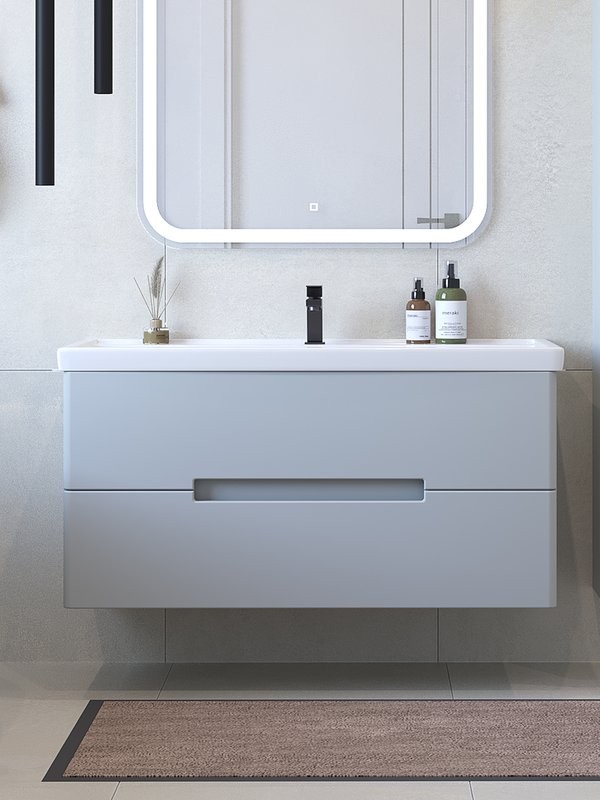 Тумба с раковиной SanStar Ориана 100 подвесная, серая, раковина Kirovit Фостер 100