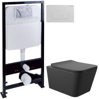 Комплект Унитаз подвесной Aqueduto Macio MAC0140 безободковый, с микролифтом, черный матовый + Инсталляция EWRIKA ProLT 0026-2020 + Кнопка 0042 белая