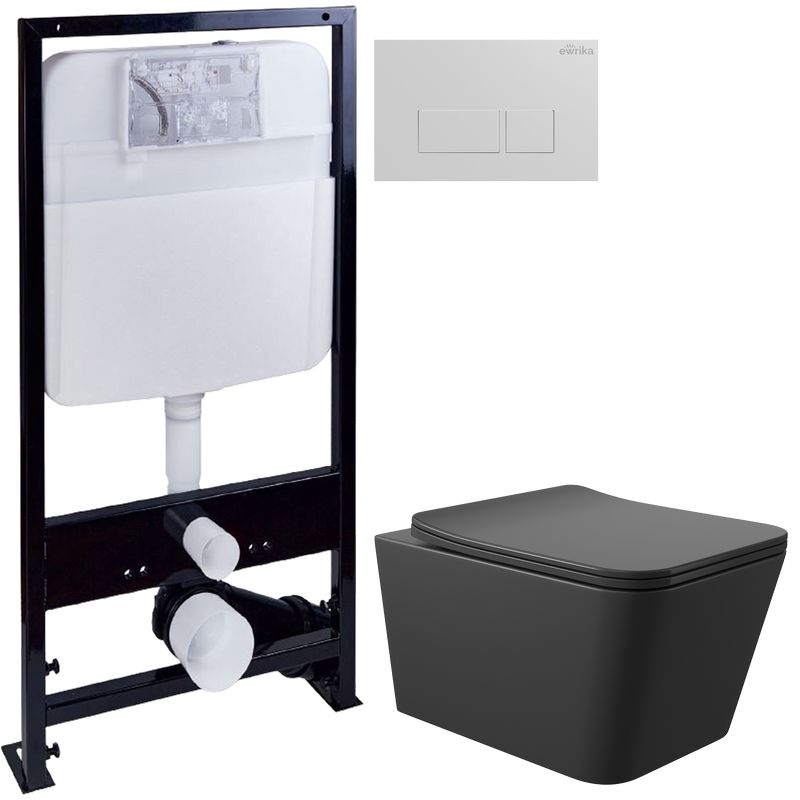 Комплект Унитаз подвесной Aqueduto Macio MAC0140 безободковый, с микролифтом, черный матовый + Инсталляция EWRIKA ProLT 0026-2020 + Кнопка 0042 белая