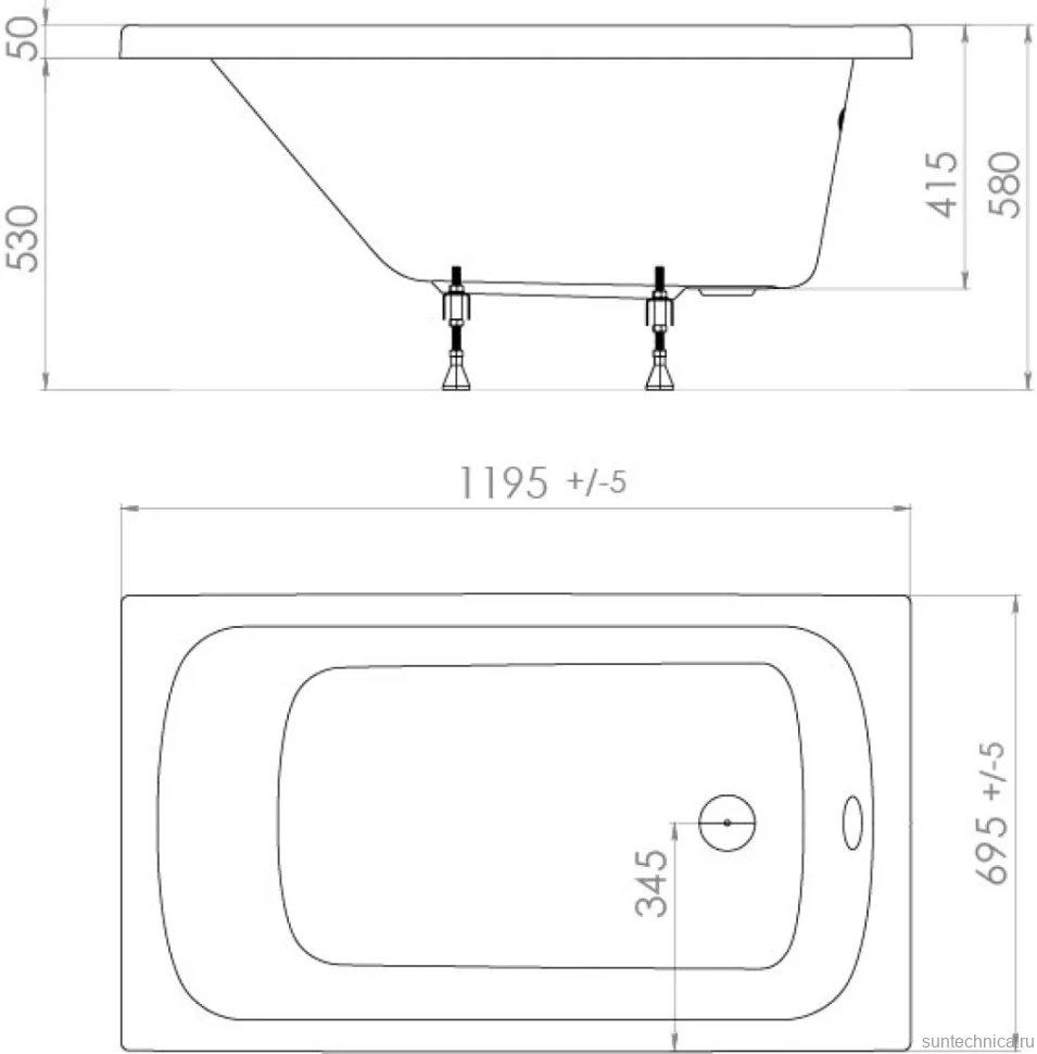 Акриловая ванна Triton Стандарт 120x70 см, пристенная, белая, на ножках