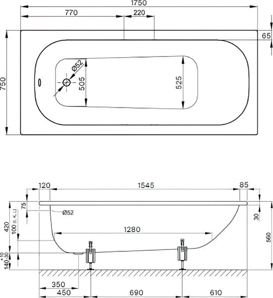 Стальная ванна Bette Form 175x75 см, встраиваемая, на ножках, с самоочищающимся покрытием, с шумоизоляцией