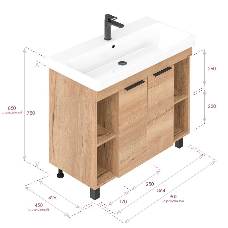 Тумба с раковиной Onika Легран 90 напольная, дуб галифакс