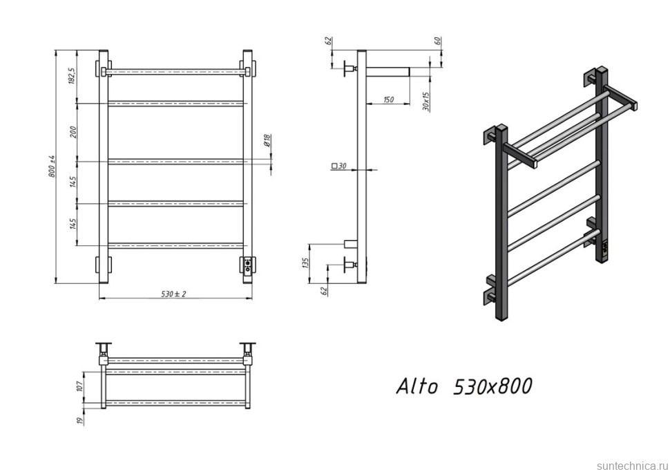 Полотенцесушитель электрический Grota Alto 530х800 RAL9005 EL 80x55 см, подключение справа, слева, скрытое подключение справа, матовый черный, лесенка, из стали, с полкой