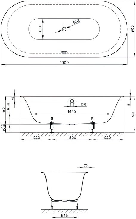 Стальная ванна Bette Lux Oval 190x90 см, встраиваемая, черная матовая, овальная, на ножках, с самоочищающимся покрытием, с шумоизоляцией