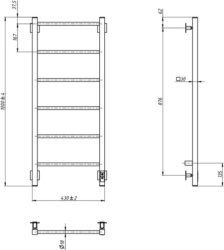 Полотенцесушитель электрический Grota Simple K 430х1000 NM EL 100x45 см, подключение справа, слева, скрытое подключение справа, матовый хром, лесенка