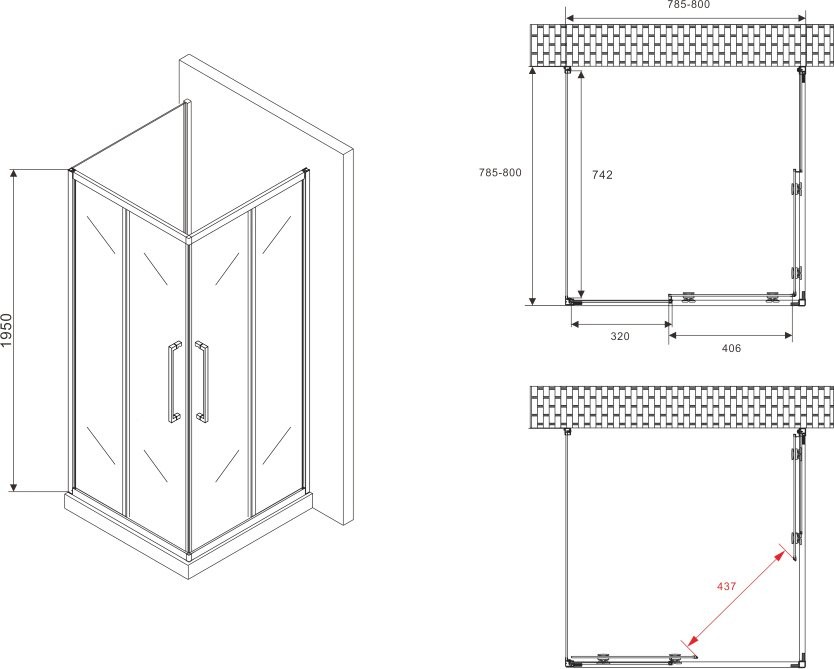 Душевой уголок Abber Schwarzer Diamant AG02080BH-S80B 80x80, профиль черный,  стекло прозрачное