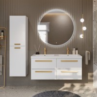 Шкаф пенал для ванной Cezares Eco 40 универсальный ручки сатиновое золото, bianco opaco