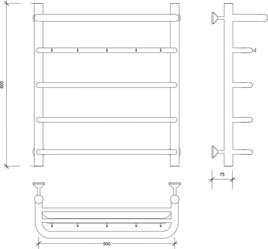 Полотенцесушитель водяной Secado Мерида 1 КСП 60x55 см, матовый черный, лесенка, с полкой