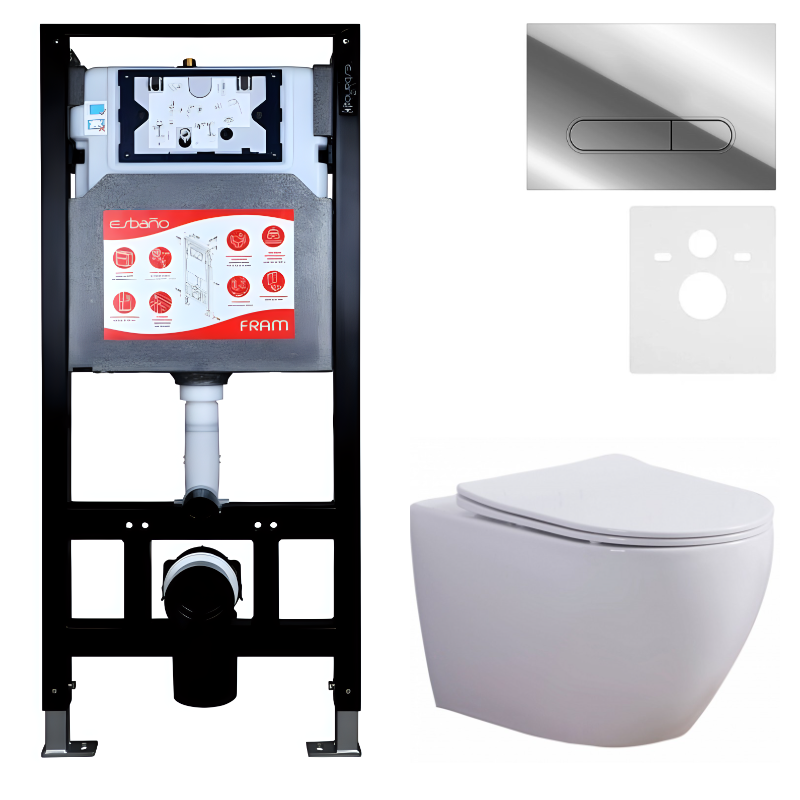 Комплект 3 в 1 Унитаз подвесной Esbano Azalea ESUPAZALW + Инсталляция Fram + Кнопка ESINOVL17SC цвет глянцевый хром