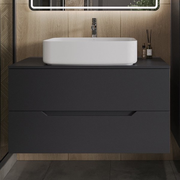 Тумба с раковиной Orange Line 100 подвесная, 2 ящика, матовый графит с раковиной B07-600W