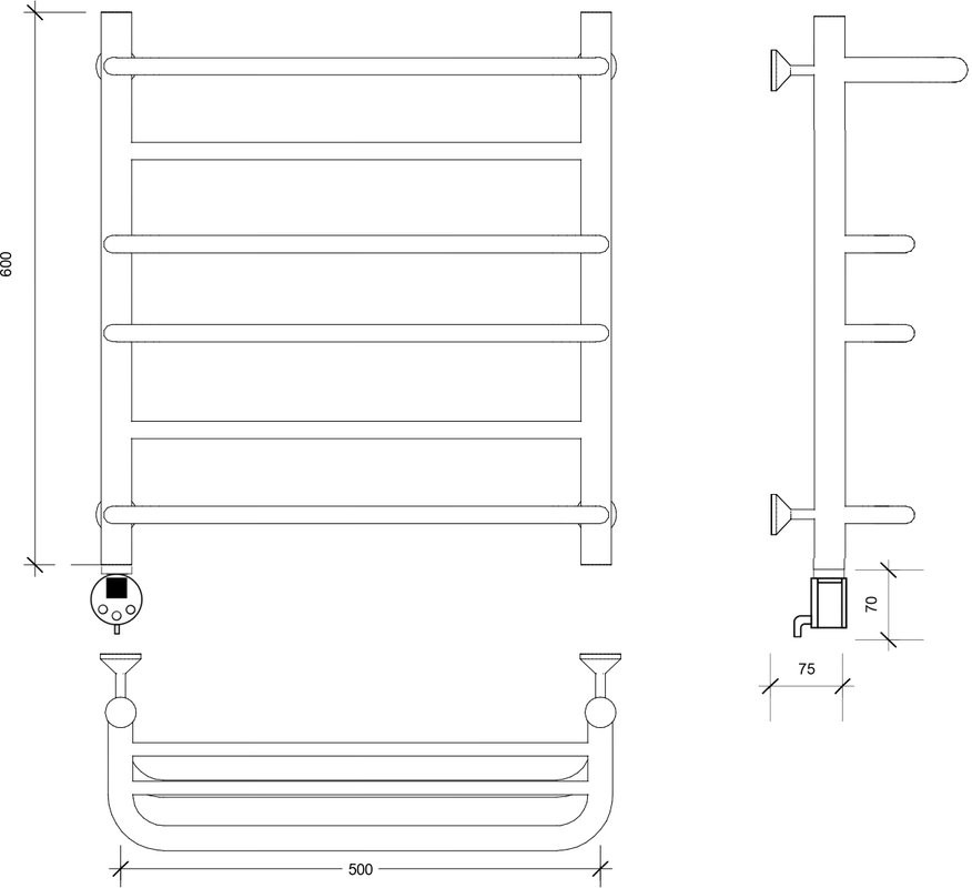 Полотенцесушитель электрический Secado Верона 2 60x50 см, подключение слева, матовый черный, лесенка, с полкой