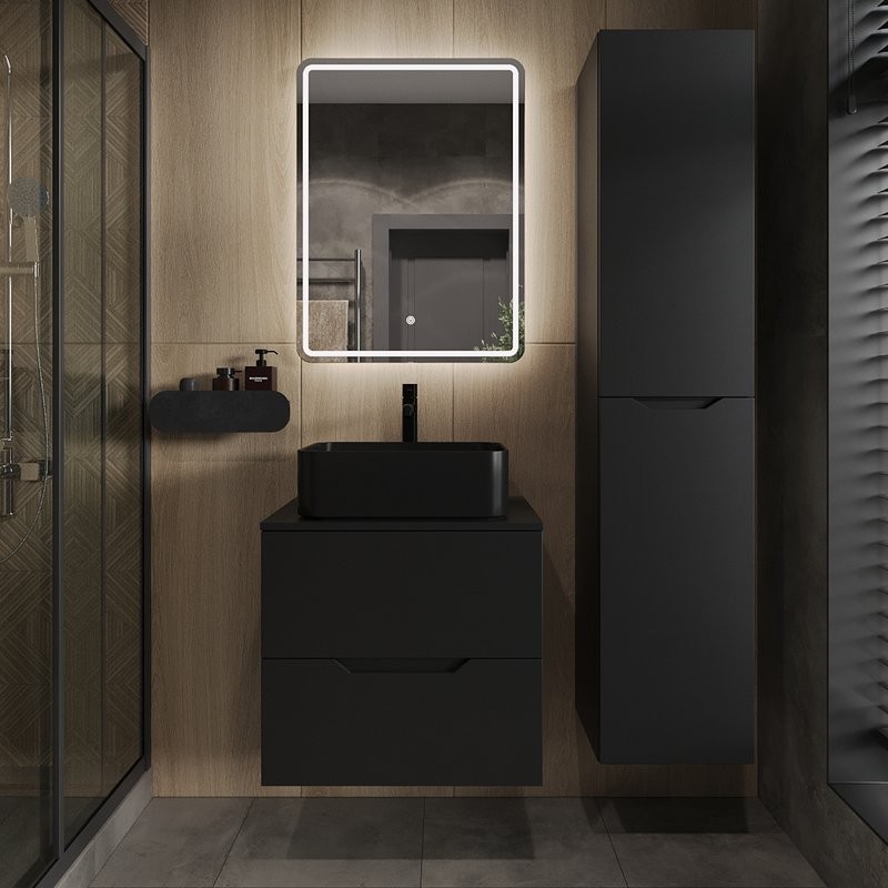 Мебель для ванной комнаты Orange Line 60 подвесная, 2 ящика, матовая черная с раковиной B02-460MB