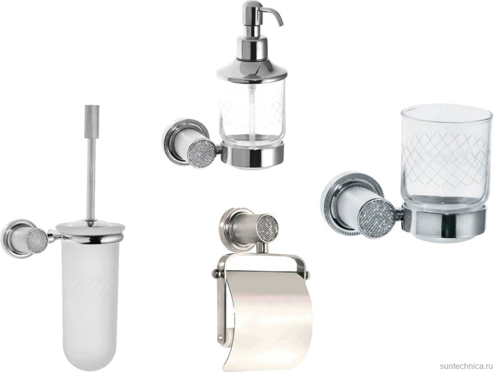 Набор Дозатор Boheme Royal Cristal Chrome подвесной + Стакан Chrome подвесной + Ершик Royal Cristal Chrome подвесной + Держатель Chrome с крышкой