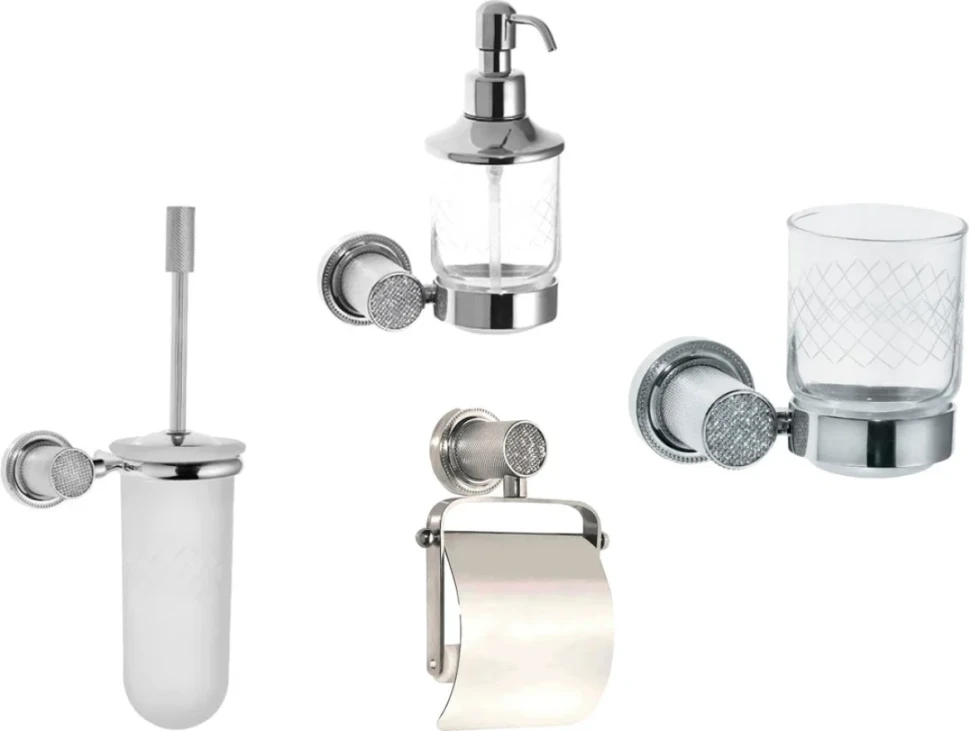 Набор Дозатор Boheme Royal Cristal Chrome подвесной + Стакан Chrome подвесной + Ершик Royal Cristal Chrome подвесной + Держатель Chrome с крышкой